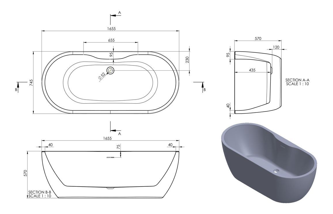 //2Go Freestanding 1650x745x580mm 0TH Bath - Gloss White - Image 2