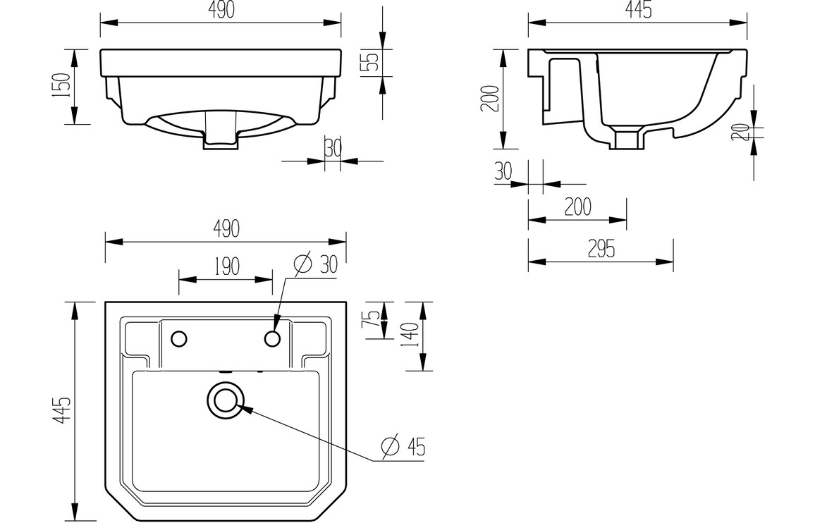Sherbourne 495x445mm 2TH Semi Recessed Basin - Image 2