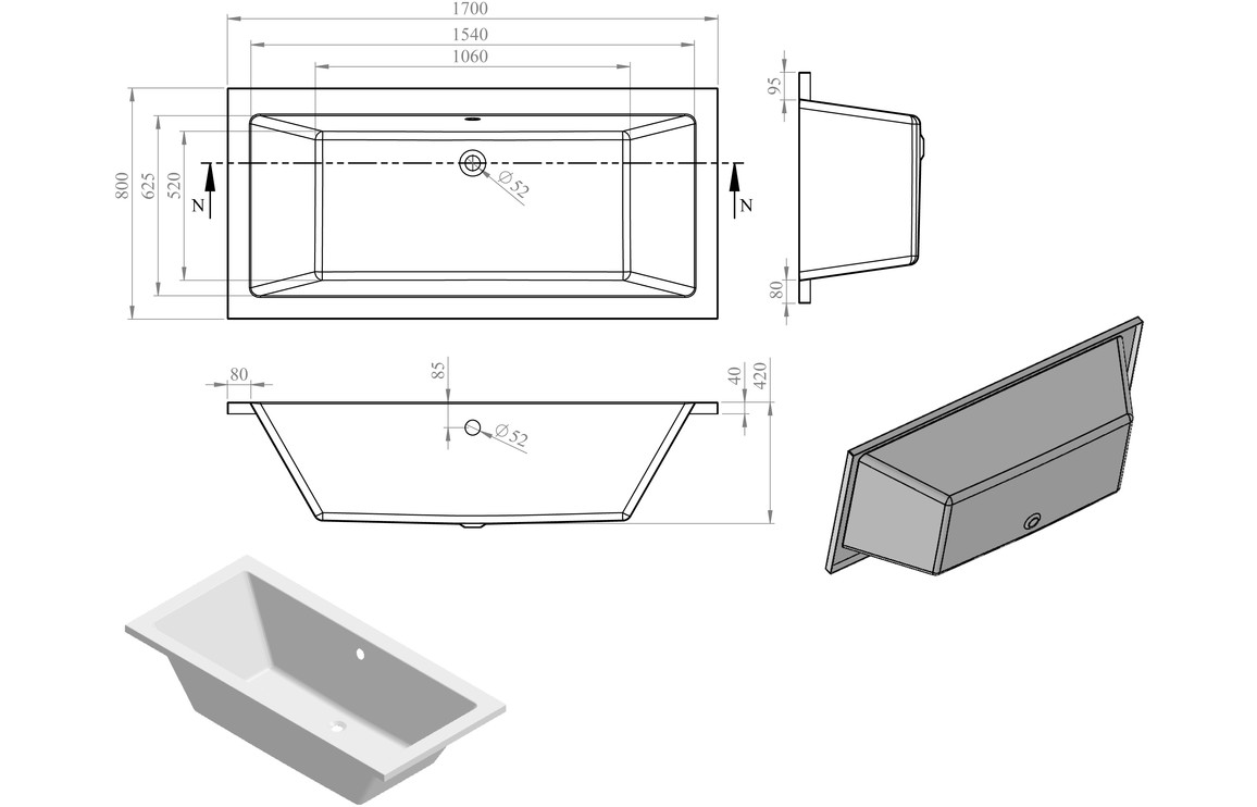 Navarre Square Double End 1700x800x550mm 0TH Bath w/Legs - Image 5