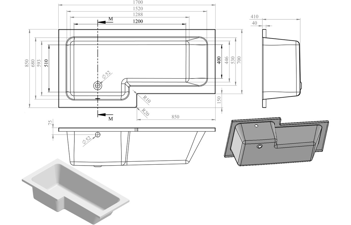 L-Shape 1700x700-850x410mm 0TH Shower Bath, Panel & Screen (LH) - Image 3