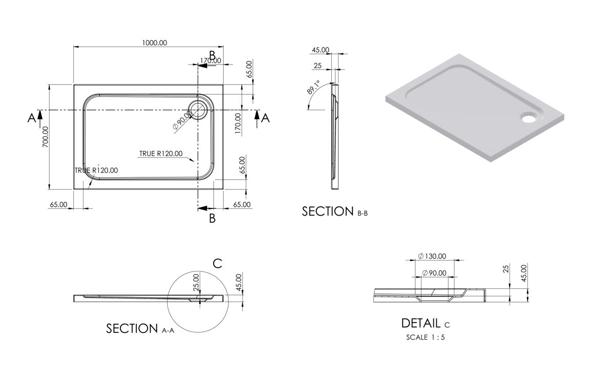 //2Go 45mm Low Profile 1000x800mm Rectangular Tray & Waste - White - Image 2