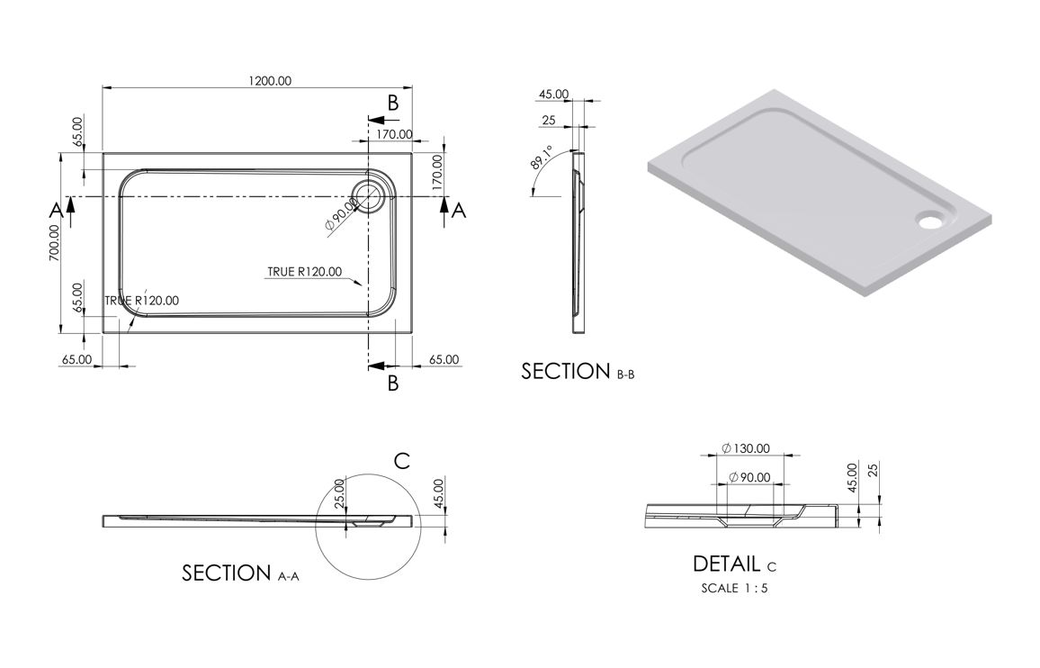 //2Go 45mm Low Profile 1200x700mm Rectangular Tray & Waste - White - Image 2