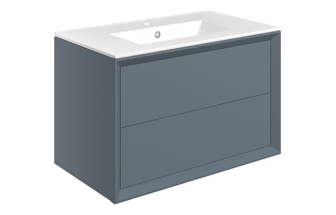 Push 810mm Wall Hung 2 Drawer Basin Unit & 1TH Thin Edge Basin - Matt Storm Blue
