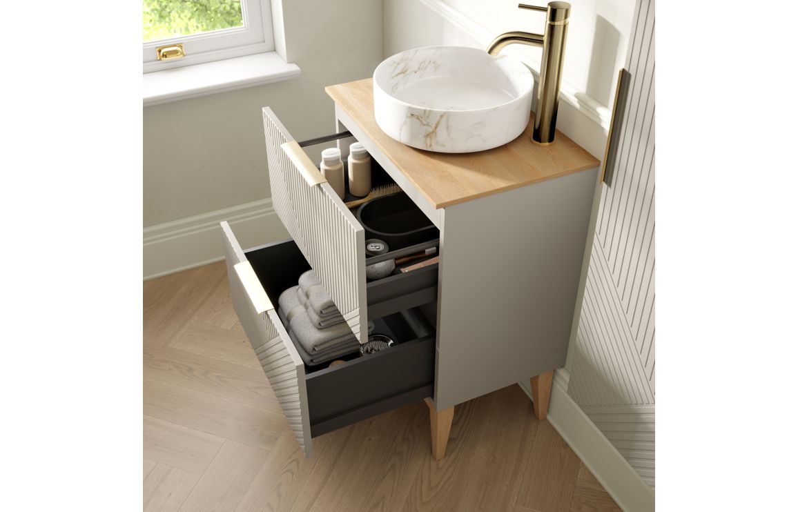 Ligne 815mm Floor Standing 2 Drawer Basin Unit & Basin - Matt Oat - Image 3