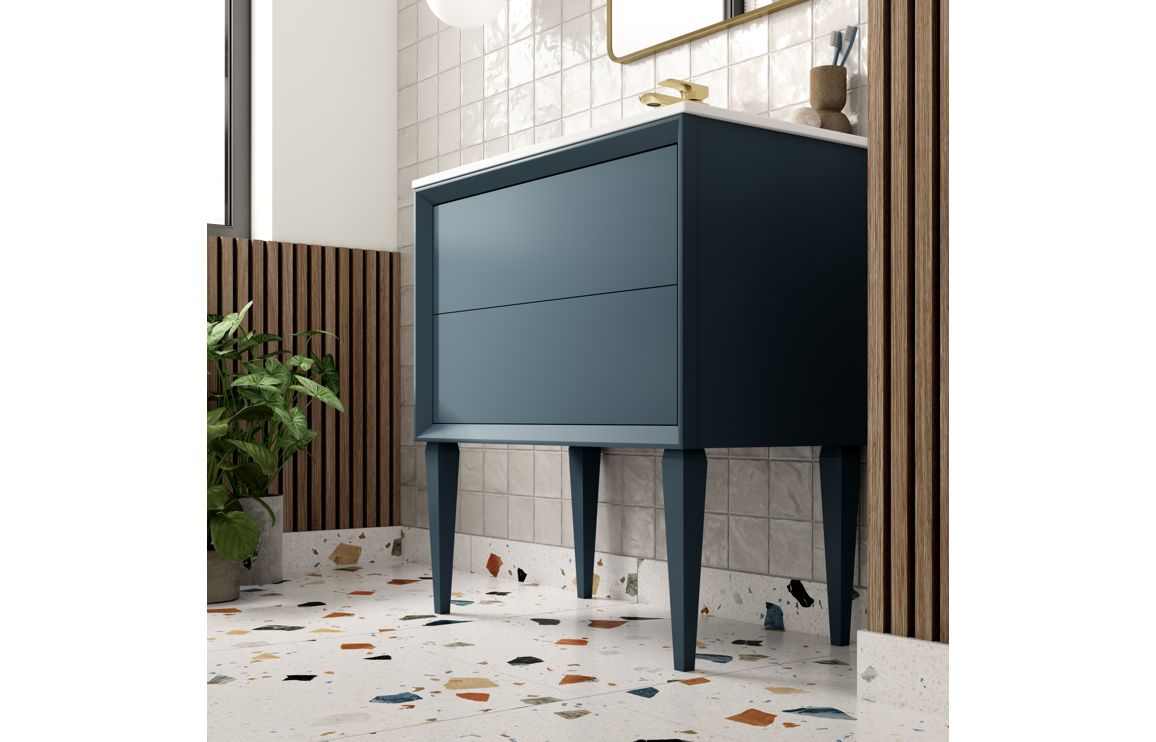 Push 610mm Wall Hung 2 Drawer Basin Unit & 1TH Thin Edge Basin - Matt Storm Blue - Image 3