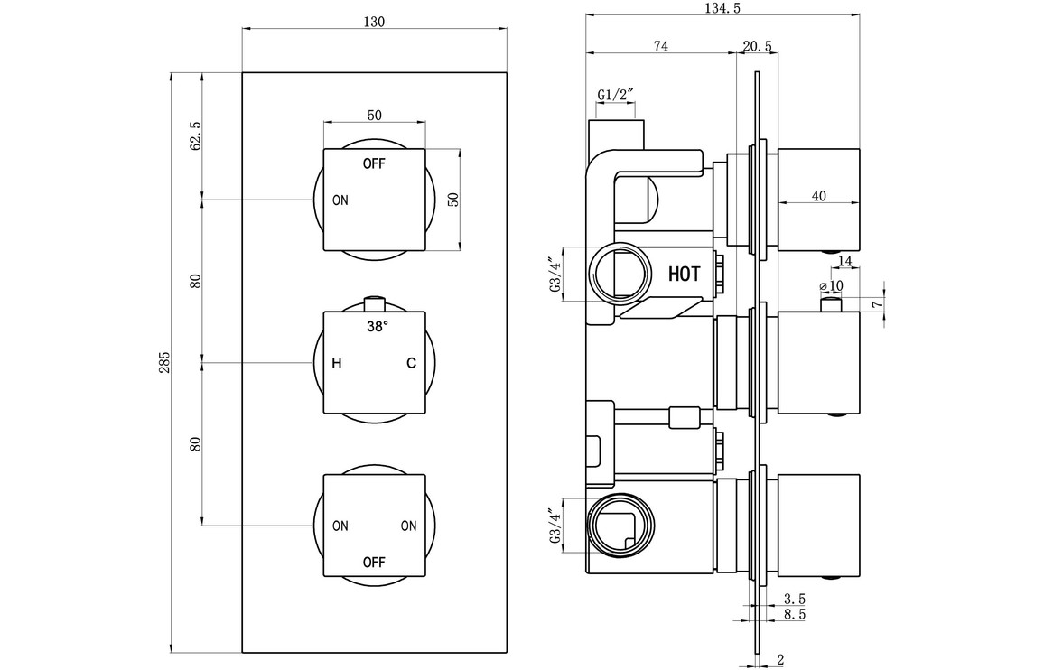 Cosmic Thermostatic Three Outlet Triple Shower Valve - Chrome - Image 4