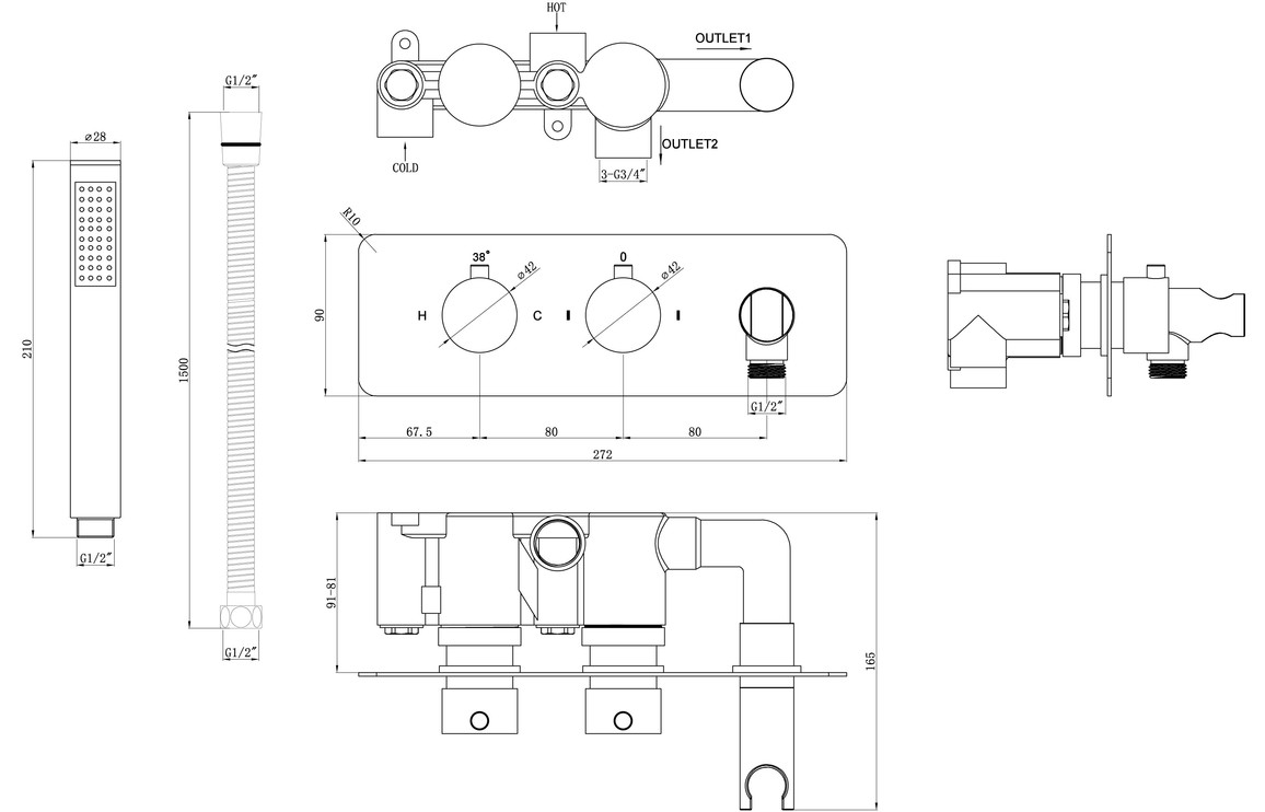 Luna Shower Pack One - Two Outlet Twin Shower Valve w/Handset & ABS Overhead - Chrome - Image 4