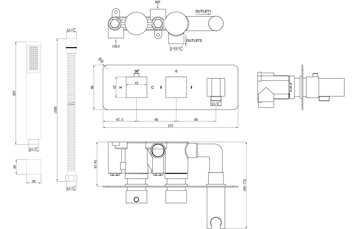 Lyra Shower Pack Two - Two Outlet Twin Shower Valve w/Handset & Brass Overhead - Chrome - Image 5
