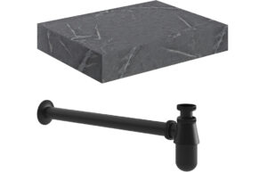 Natural 600mm Wall Hung Grey Marble Basin Shelf & Black Bottle Trap