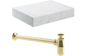 Natural 800mm Wall Hung White Marble Basin Shelf & Brushed Brass Bottle Trap