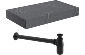 Natural 800mm Wall Hung Grey Marble Basin Shelf & Black Bottle Trap