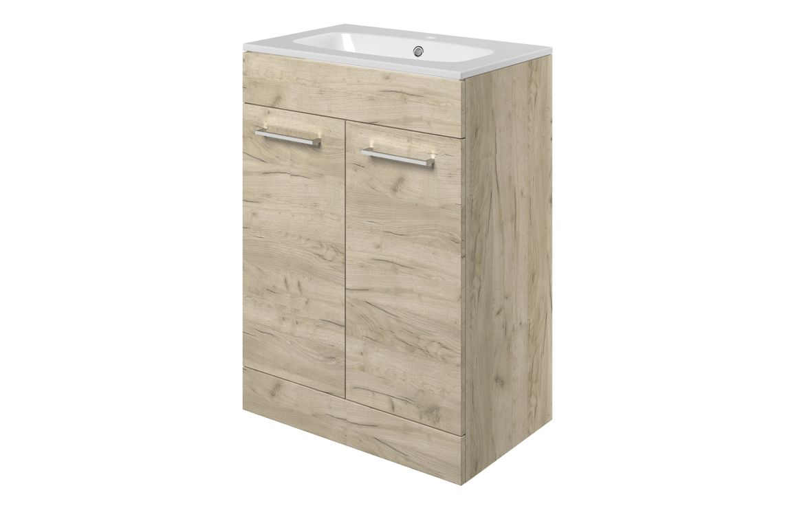 Volta 610mm Floor Standing 2 Door Basin Unit & 1TH Thin Edge Basin - Oak - Image 2
