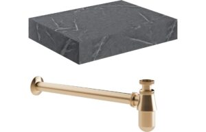 Natural 600mm Wall Hung Grey Marble Basin Shelf & Brushed Bronze Bottle Trap
