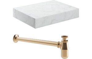 Natural 800mm Wall Hung White Marble Basin Shelf & Brushed Bronze Bottle Trap