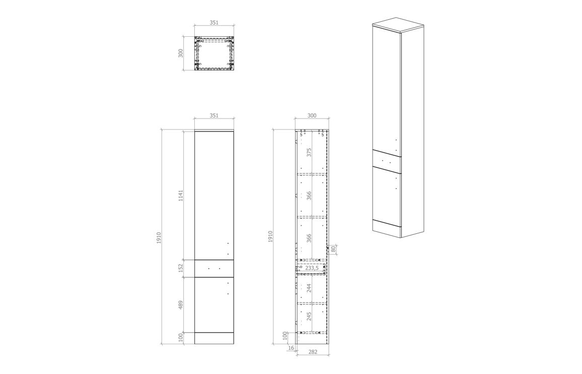 Vista 350mm 2 Door, 1 Drawer Tall Unit - White Gloss - Image 3